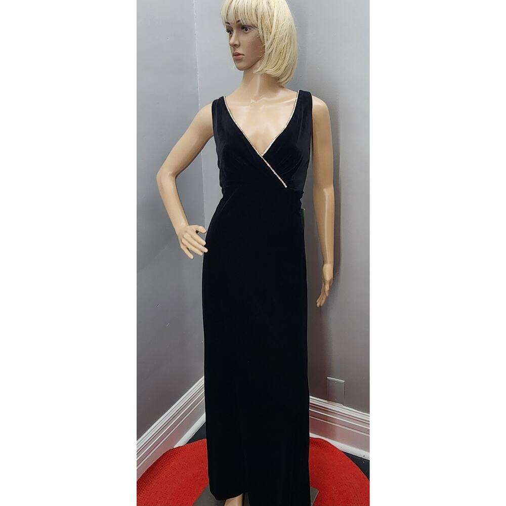 90s Vintage Black Velour Evening Gown Rhinestone Trim Formal Black Tie Dress - M - Picture 3 of 10